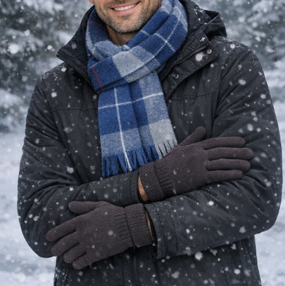 Brahma Other - Plaid Scarf and Gray Gloves Set NEW Men's Blue